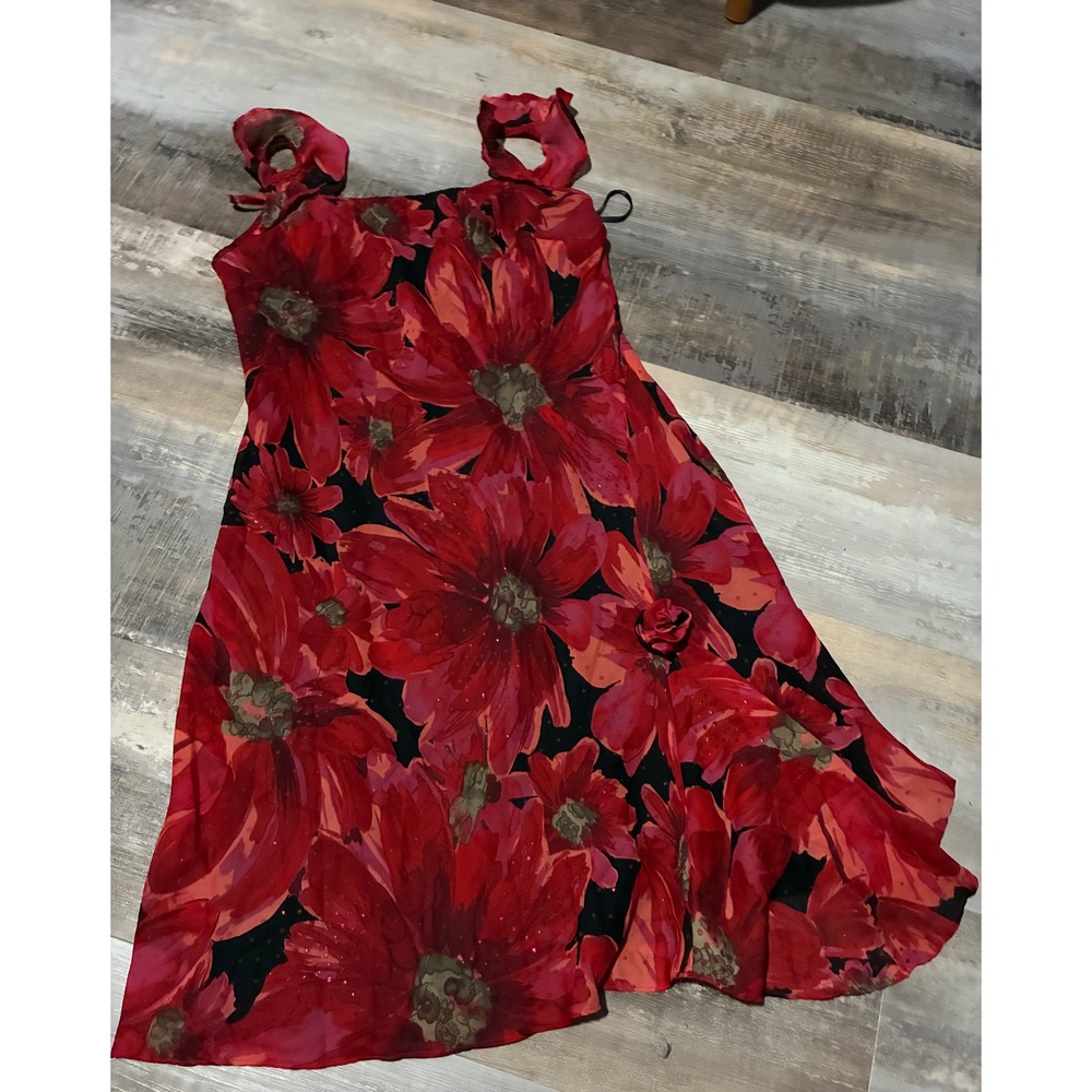CDC Petites Red Floral Sleeveless Dress Ruffle Straps Rosette Detail Size 12P